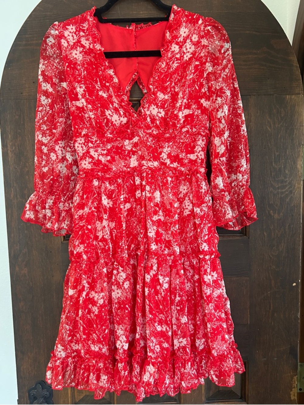 Red Floral V-Neck Open Back Mini Dress